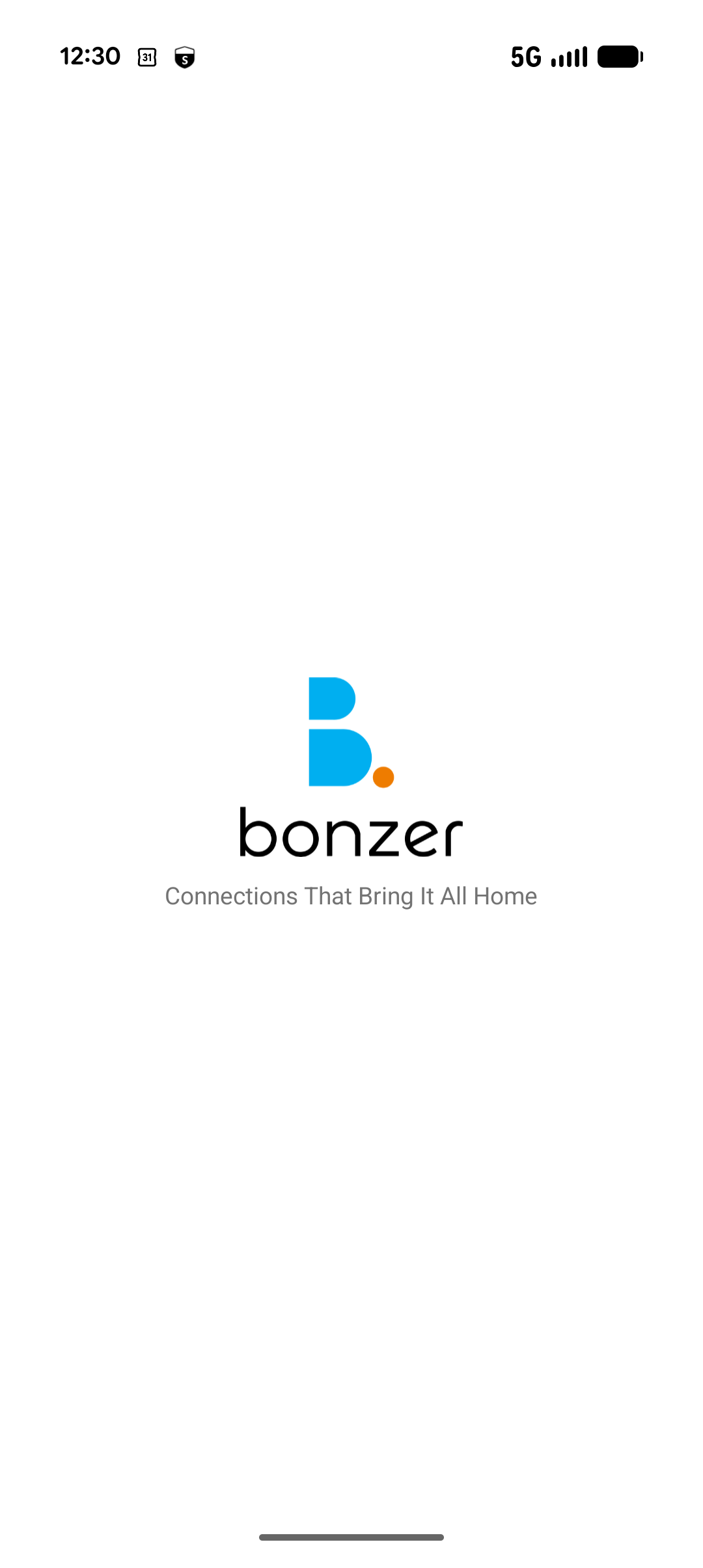 Bonzer app startup screen with logo, slogan 'Connections That Bring It All Home', and status bar showing 12:30, 5G signal, and full battery.