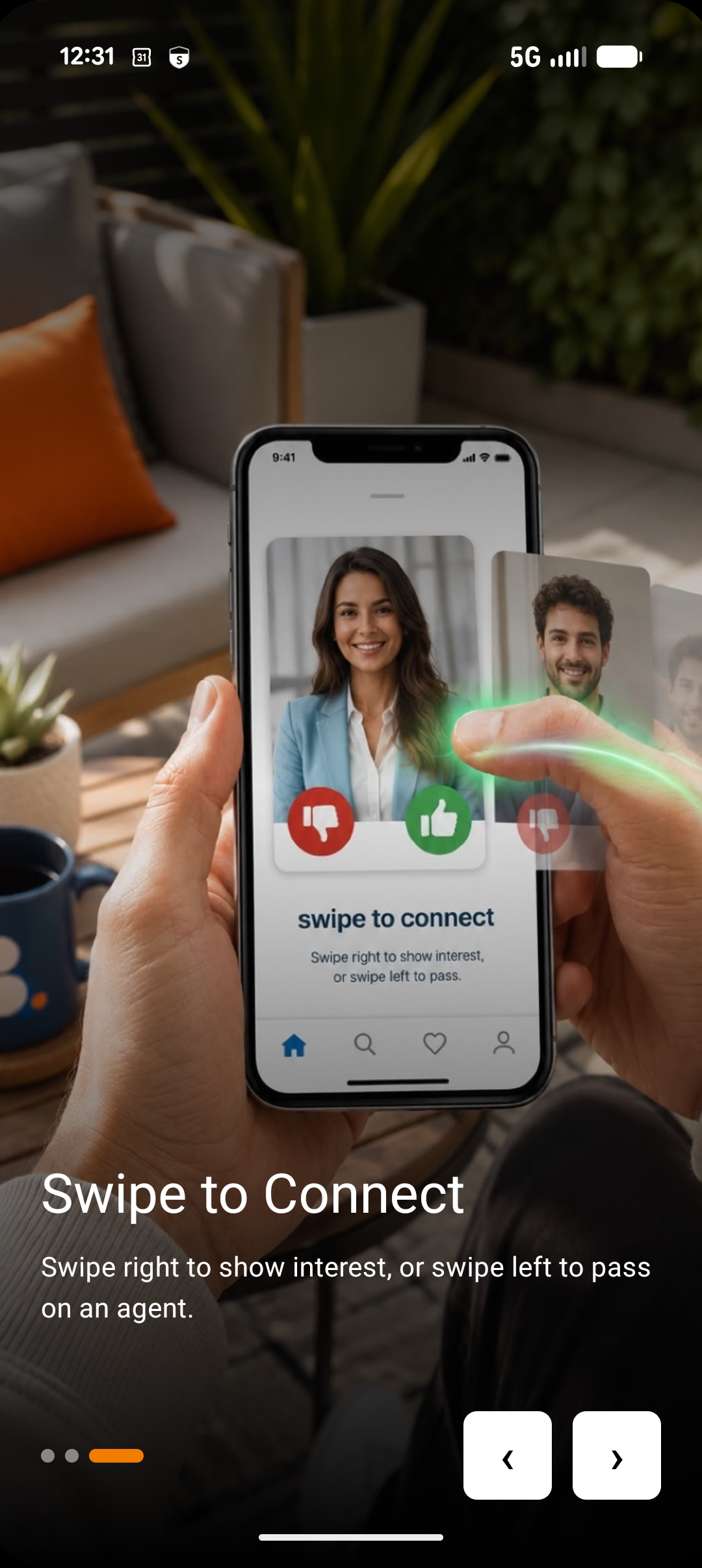 A person holding a smartphone displaying a dating app with profile pictures of a woman in a blue blazer and a man, with options to swipe right or left. The background shows an outdoor setting with a couch, plant, and a coffee mug.