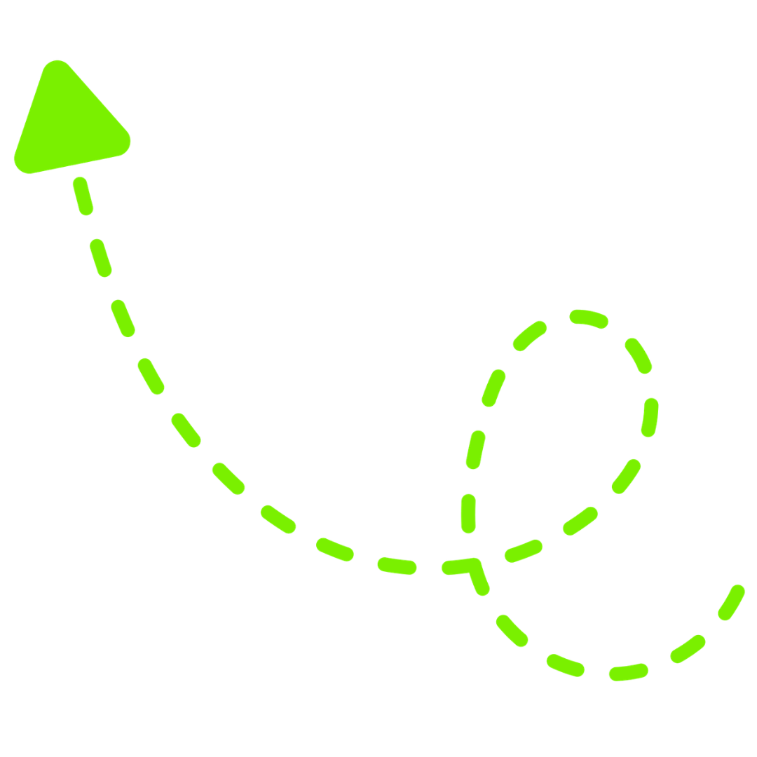 A green arrow pointing upward along a dashed green path forming a curved line.