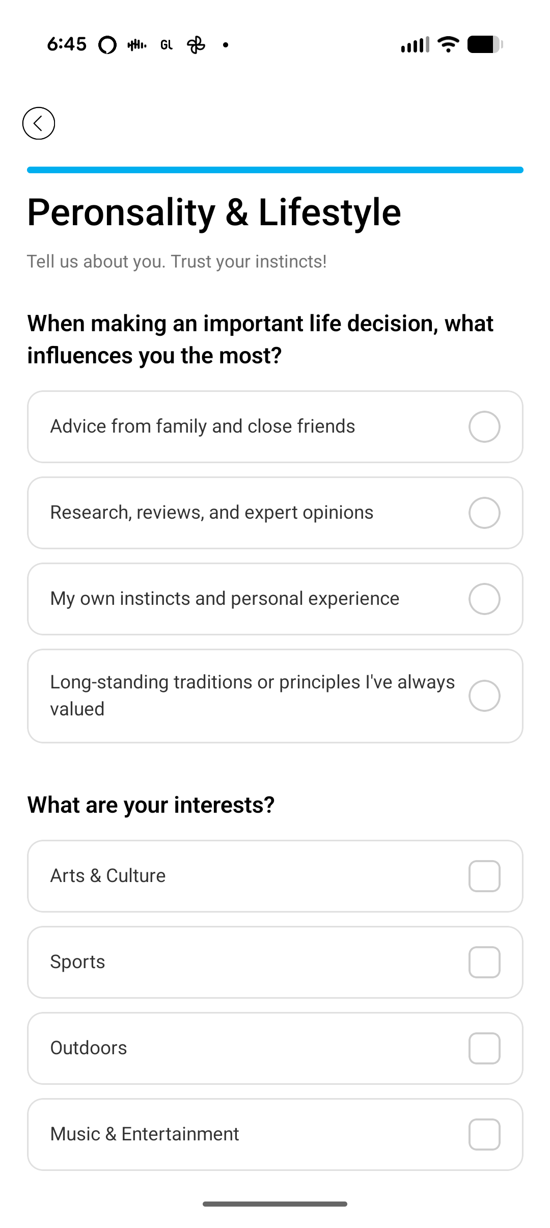 Mobile survey form titled 'Personality & Lifestyle' asking about influences on decision making, with options including advice from family and friends, research and reviews, personal instincts, and traditions; also asking about interests such as arts, sports, outdoors, and entertainment.
