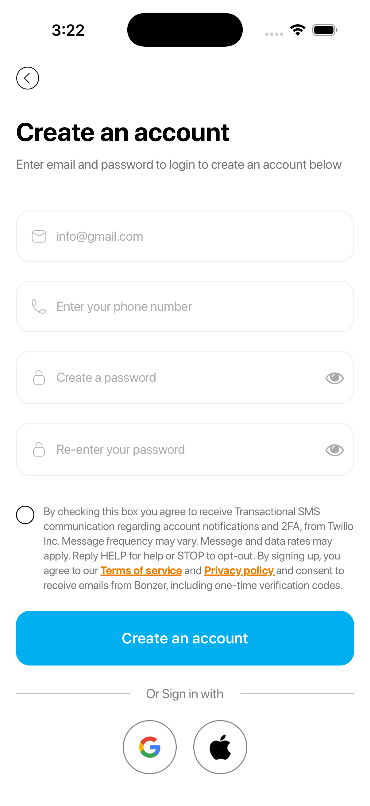 Mobile screen displaying a 'Create an account' registration form with fields for email, phone number, password, and confirm password. There are options to sign in with Google or Apple below, and a blue button labeled 'Create an account'.