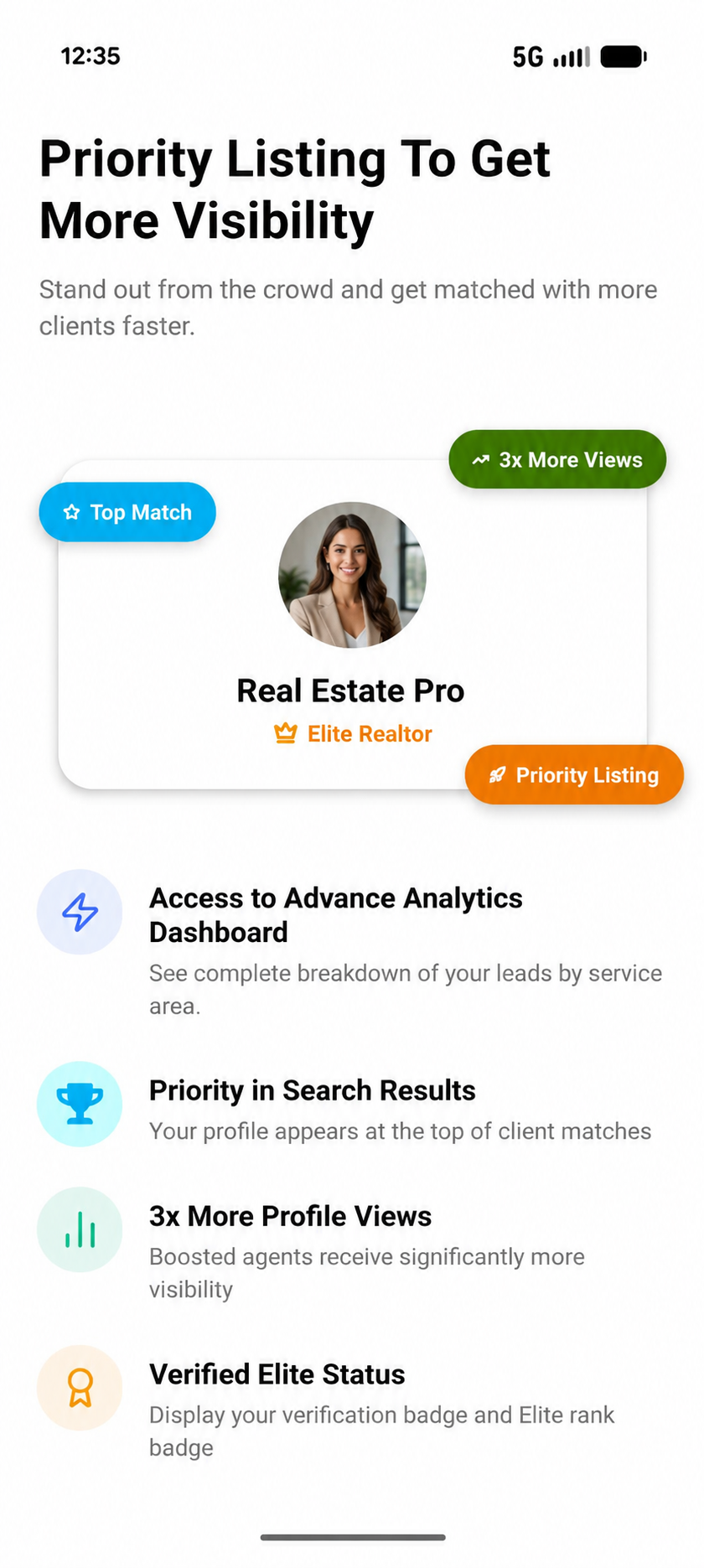 Screenshot of a mobile app interface promoting priority listing for increased visibility in real estate agent profiles. The interface highlights features such as top match, increased views, advanced analytics dashboard, search result priority, and verified elite status, with a profile picture of a smiling woman labeled 'Real Estate Pro' and badges indicating 'Elite Realtor' and 'Priority Listing'.