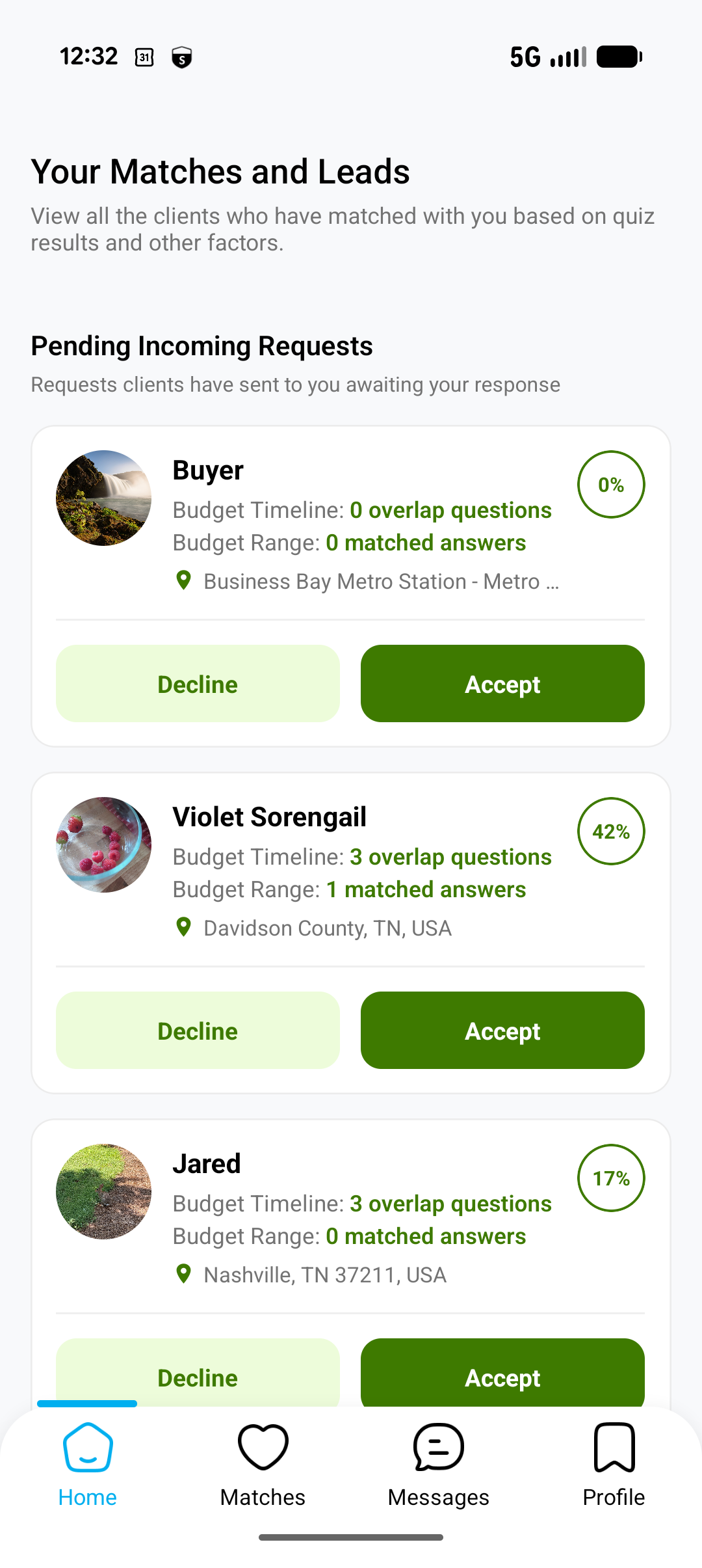 Screenshot of a mobile app showing pending incoming client requests with options to accept or decline each. The requests include details such as the client name, location, budget timeline, range, and overlap questions answered.