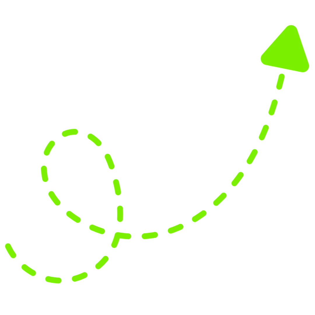 A black background with a green dashed line forming a dotted path that curves upward, ending in a green arrow pointing to the upper right.