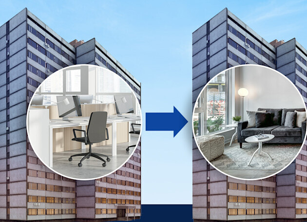 Before and after transformation of an interior living space, showing an office setup on the left and a cozy living room on the right, with a city building in the background.