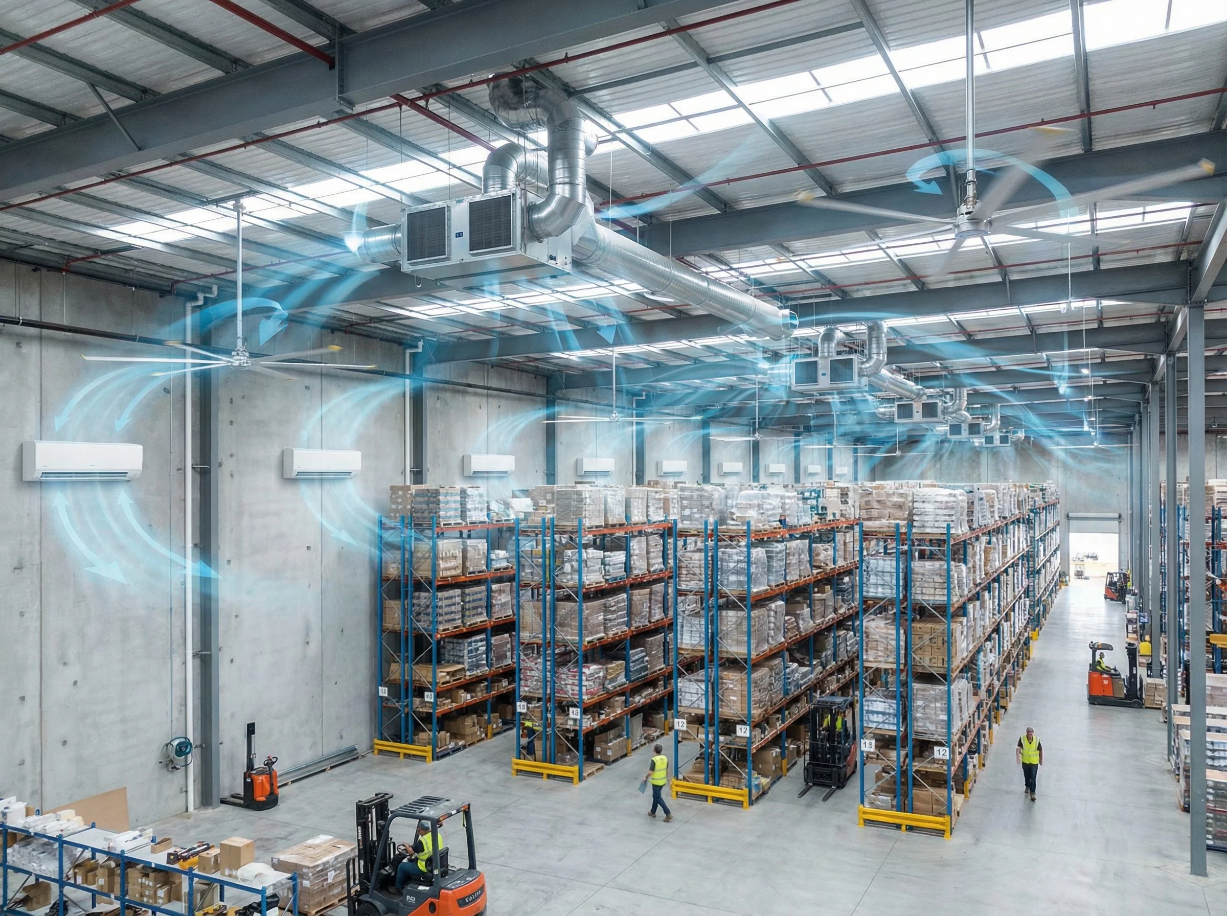 Interior of a warehouse with high shelves stocked with boxes and packages. Air conditioning units on the walls and workers in yellow safety vests operating forklifts and manual pallet jacks.
