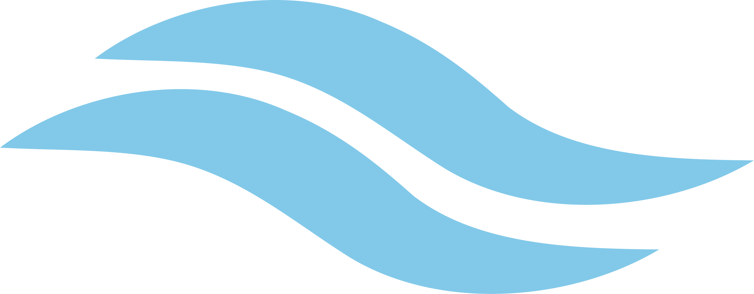 Abstract design featuring multiple overlapping blue and black wavy shapes on a white background.