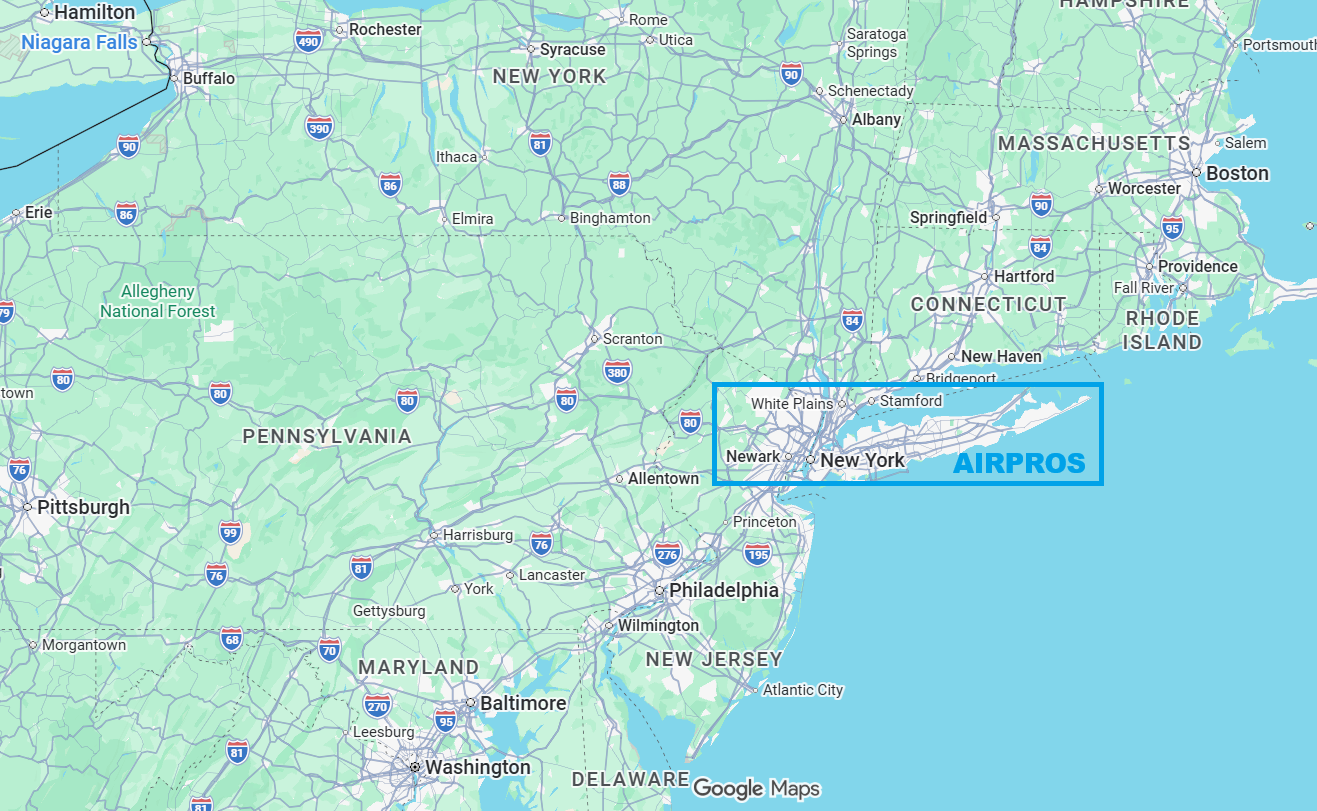 Map of the northeastern United States highlighting the New York City area with a blue box labeled 'AIRPROS' over the region near Newark, White Plains, Stamford, and surrounding areas.
