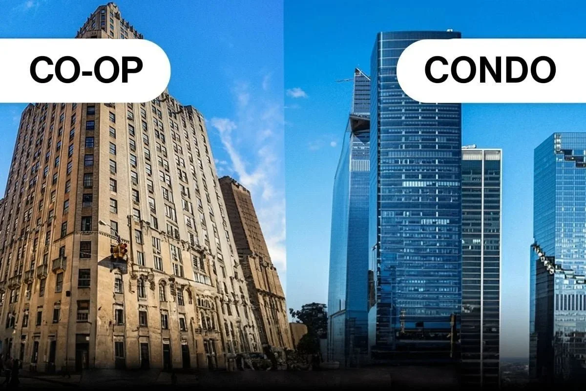 Comparison of two buildings: on the left, a historic co-op building with beige stone facade and detailed architectural features; on the right, a modern condo building with sleek glass exterior and contemporary design.