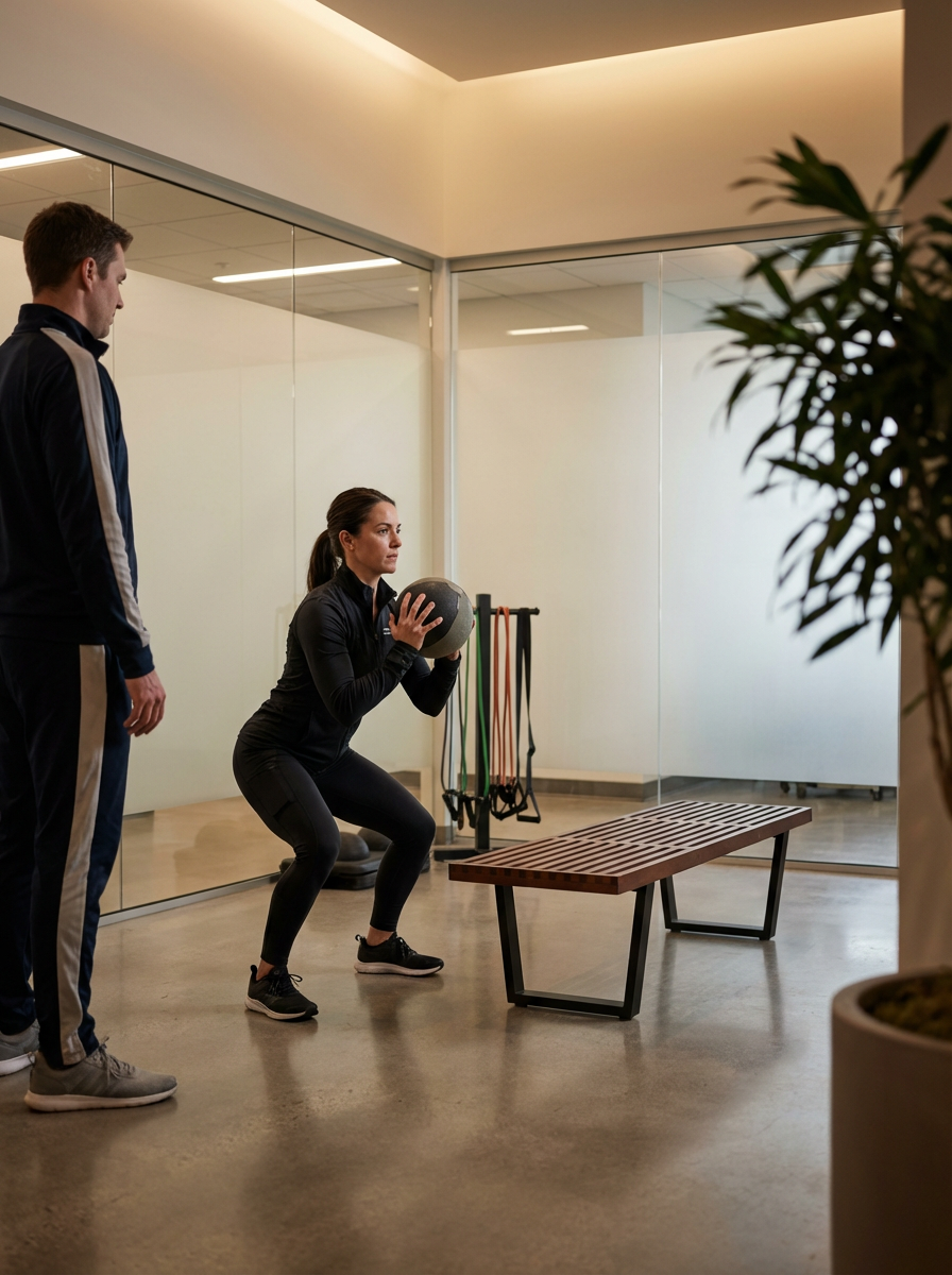 A woman in black workout clothes holding a medicine ball in a gym, with a trainer observing her. The gym has a bench, resistance bands, and a glass wall.