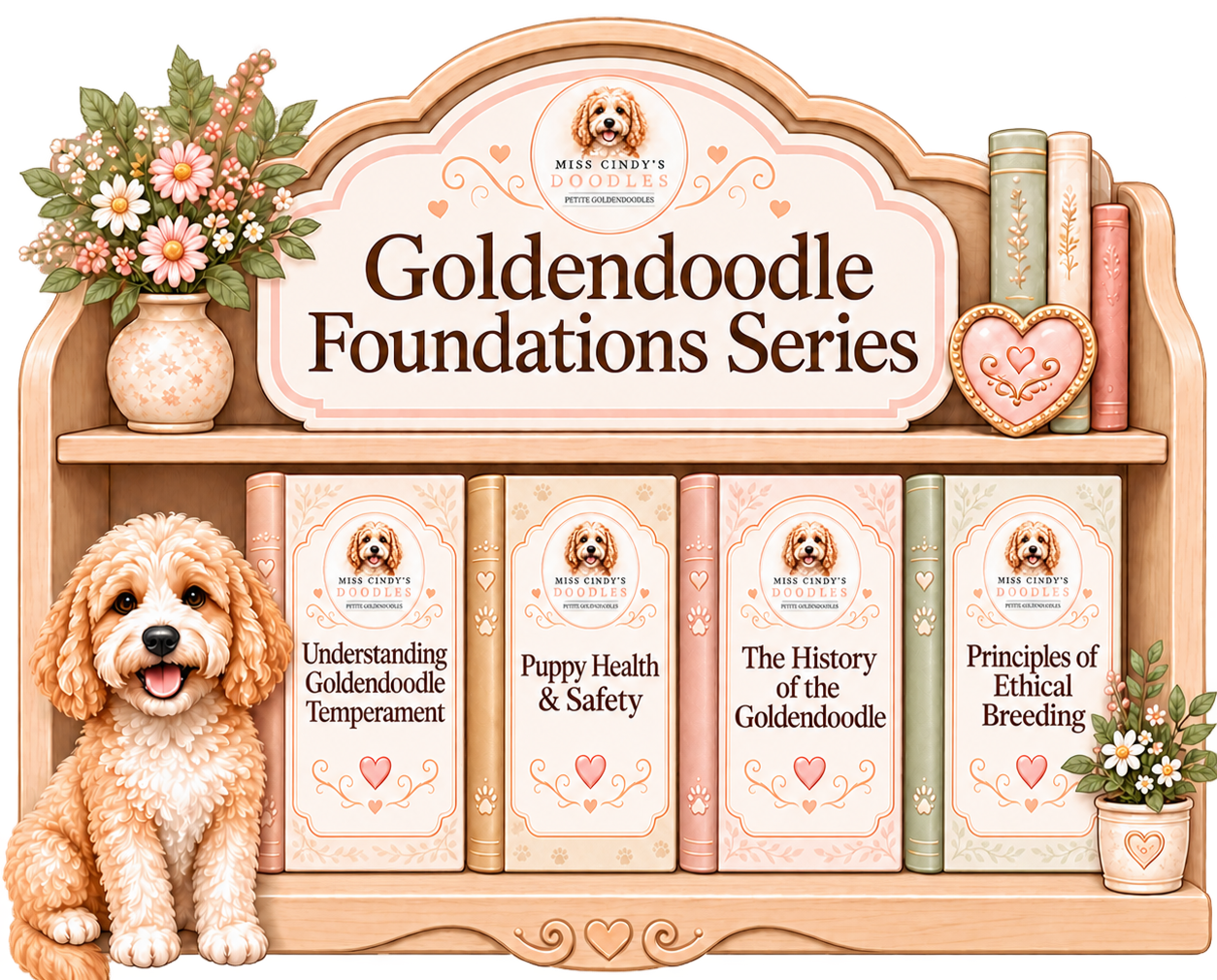 A decorative bookshelf sign promoting the 'GoldenDoodle Foundations Series' by Miss Cindy’s Doodles, featuring illustrations of a GoldenDoodle puppy, books on topics like temperament and ethics, pink and green floral accents, and a stuffed heart-shaped ornament.