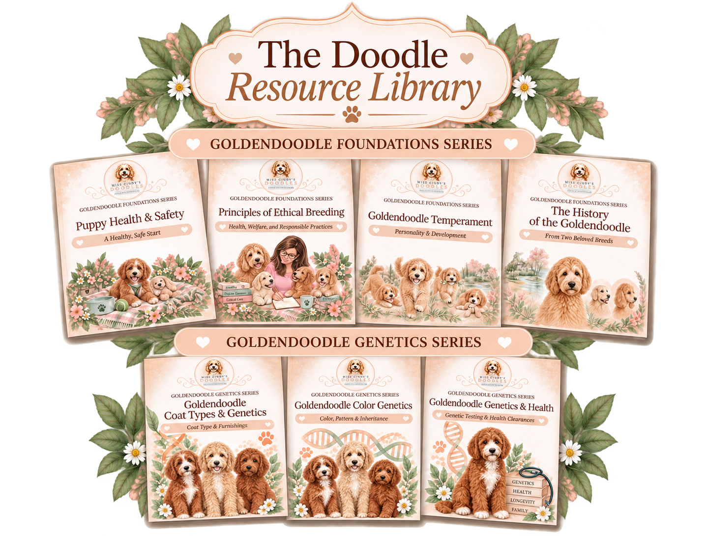 A collection of book covers from The Doodle Resource Library series, focusing on golden retrievers. The covers include topics such as puppy health, ethics of breeding, temperament, history, coat types, color genetics, and health genetics, all featuring illustrations of golden retrievers with floral accents.