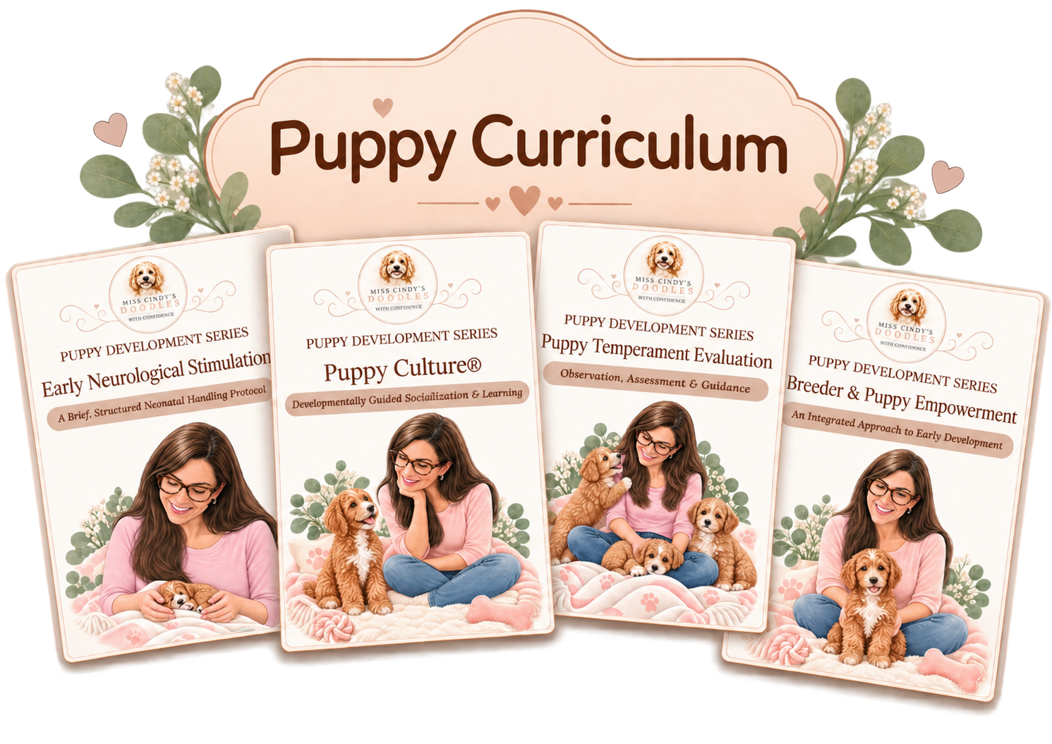 Collection of four puppy development series booklets with a woman and puppies on the covers, titled 'Puppy Curriculum' with floral and heart decorations.