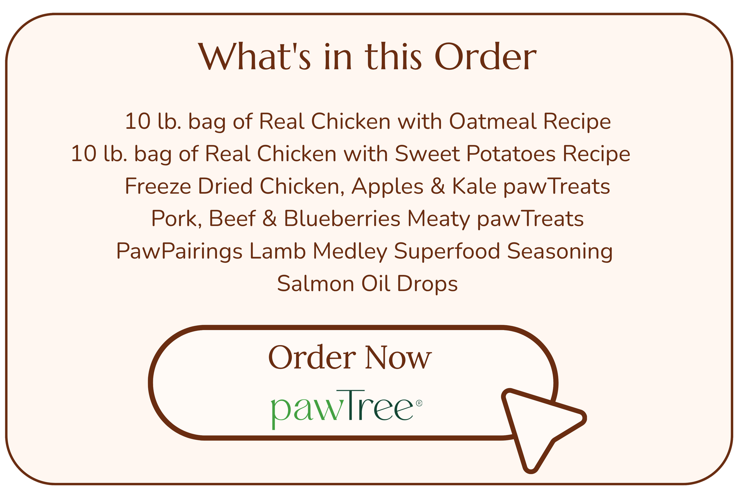 A digital menu screen displaying a list of food items and a place to order, with a pawtree logo at the bottom.