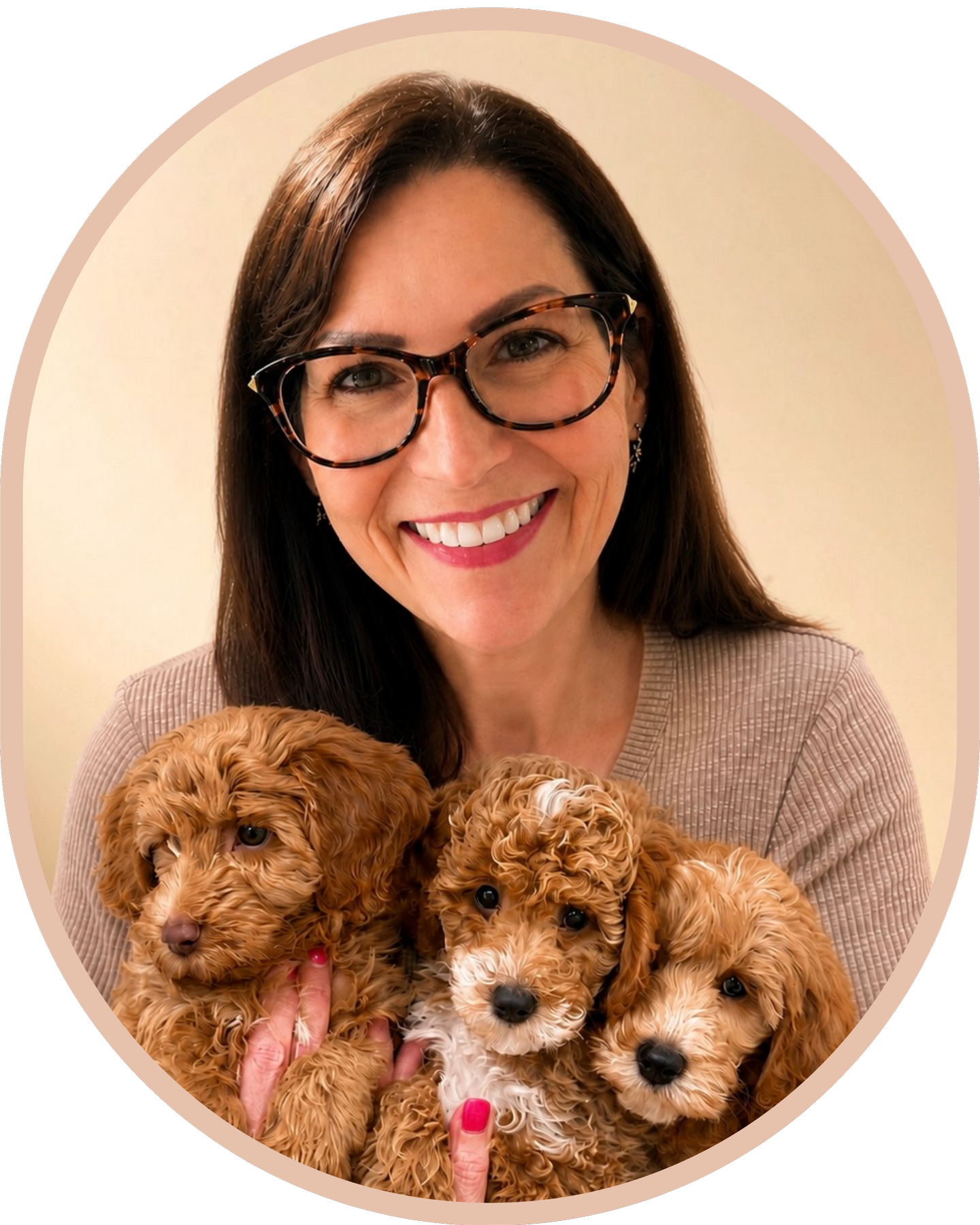 Cindy with three Petite Goldendoodle Puppies