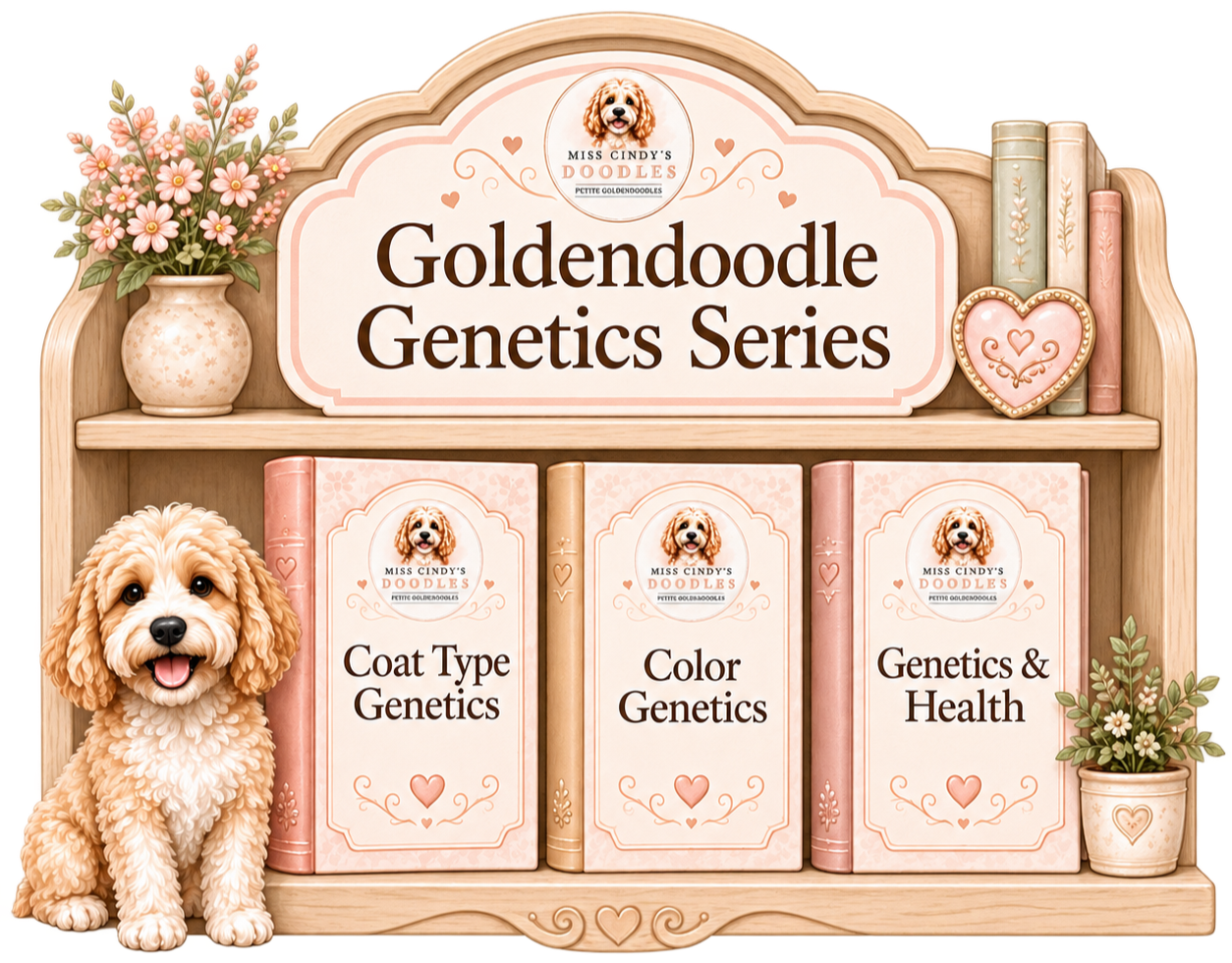 A colorful bookshelf decorated with flowers, a heart-shaped ornament, and a cartoon of a cute dog, displaying books titled 'Coat Type Genetics', 'Color Genetics', and 'Genetics & Health' from the Goldendoodle Genetics Series by Miss Cindy’s Doodles.