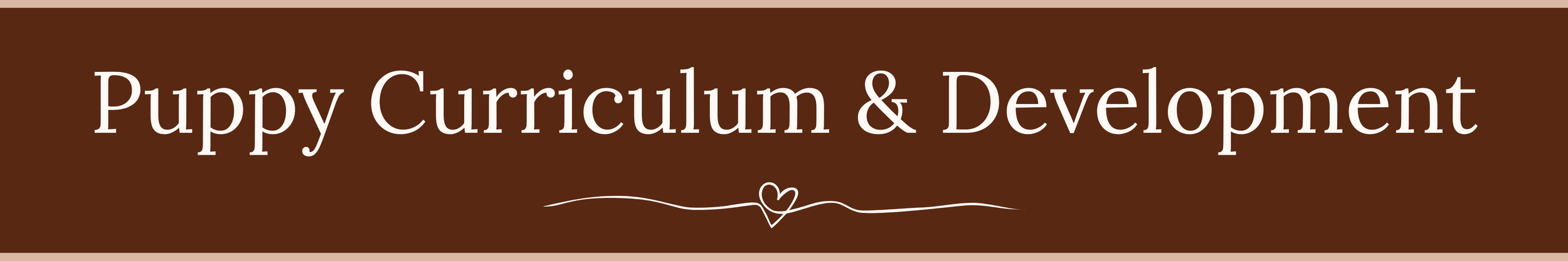 Text that reads 'Puppy Curriculum & Development' on a brown background with a decorative heart and line underneath.