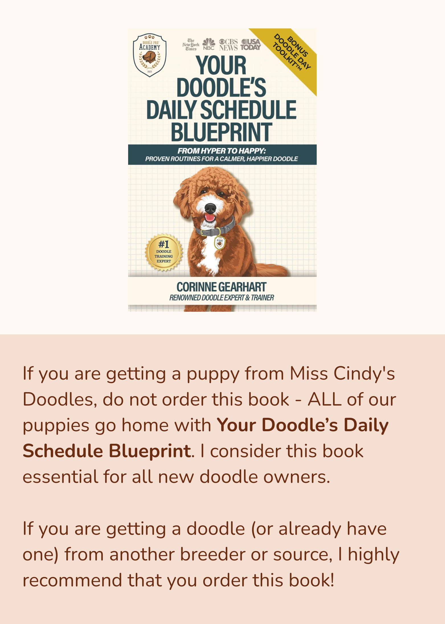 Book cover titled "Your Doodle's Daily Schedule Blueprint" with a drawing of a cute brown dog wearing a harness and a badge, and a gold badge indicating "#1 Doodle Training Expert". The book includes a bonus doodle day toolkit and is authored by Corinne Gearhart.