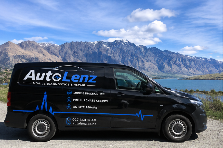 A black van with AutoLenz Mobile Diagnostics & Repair logo parked outdoors with mountains and a lake in the background.
