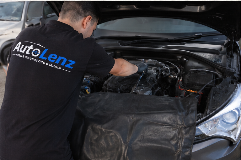A mechanic working on a car engine in an outdoor setting, wearing a black shirt with AutoLenz branding, with the hood open and tools in hand.