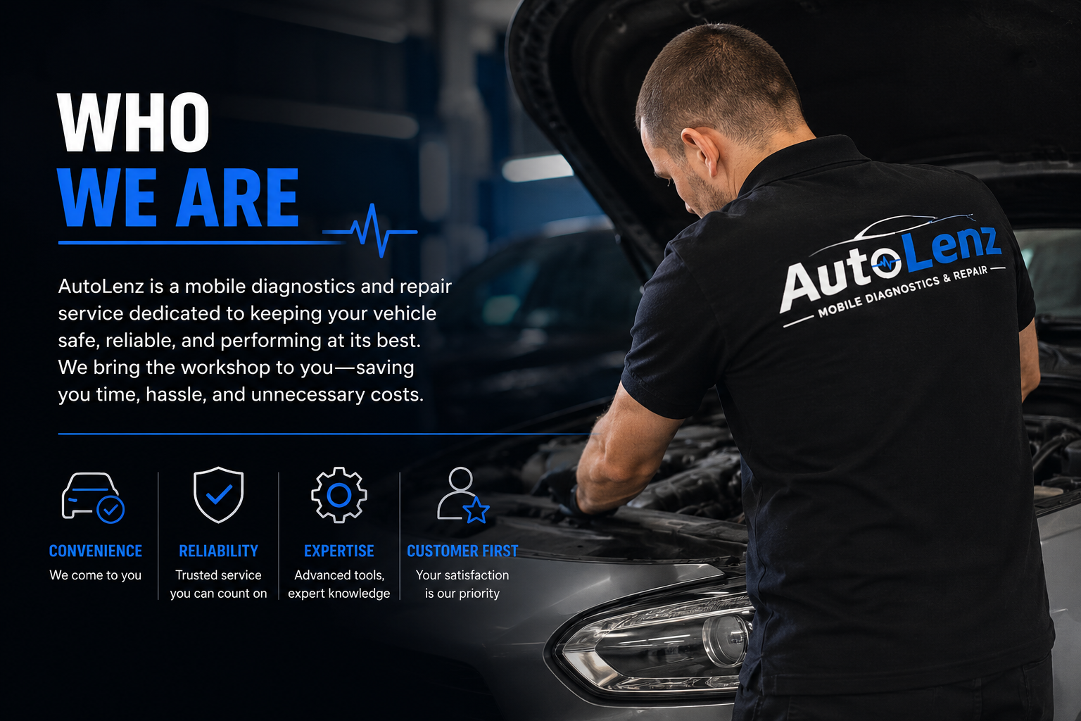 A man in a black AutoLenz shirt working under the hood of a car in a garage.