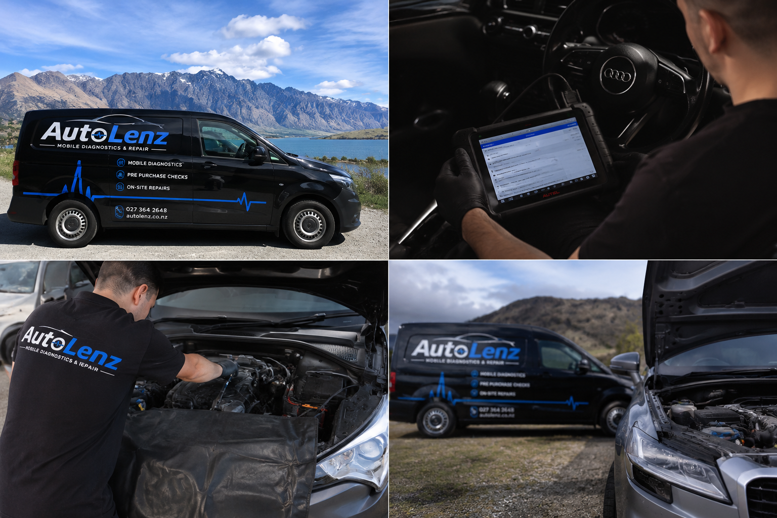 A black AutoLenz van parked near a lake with mountains in the background, a technician using a diagnostic tablet inside a vehicle, a technician inspecting an engine under the hood of a car, and a silver car with its hood open in a scenic outdoor setting.