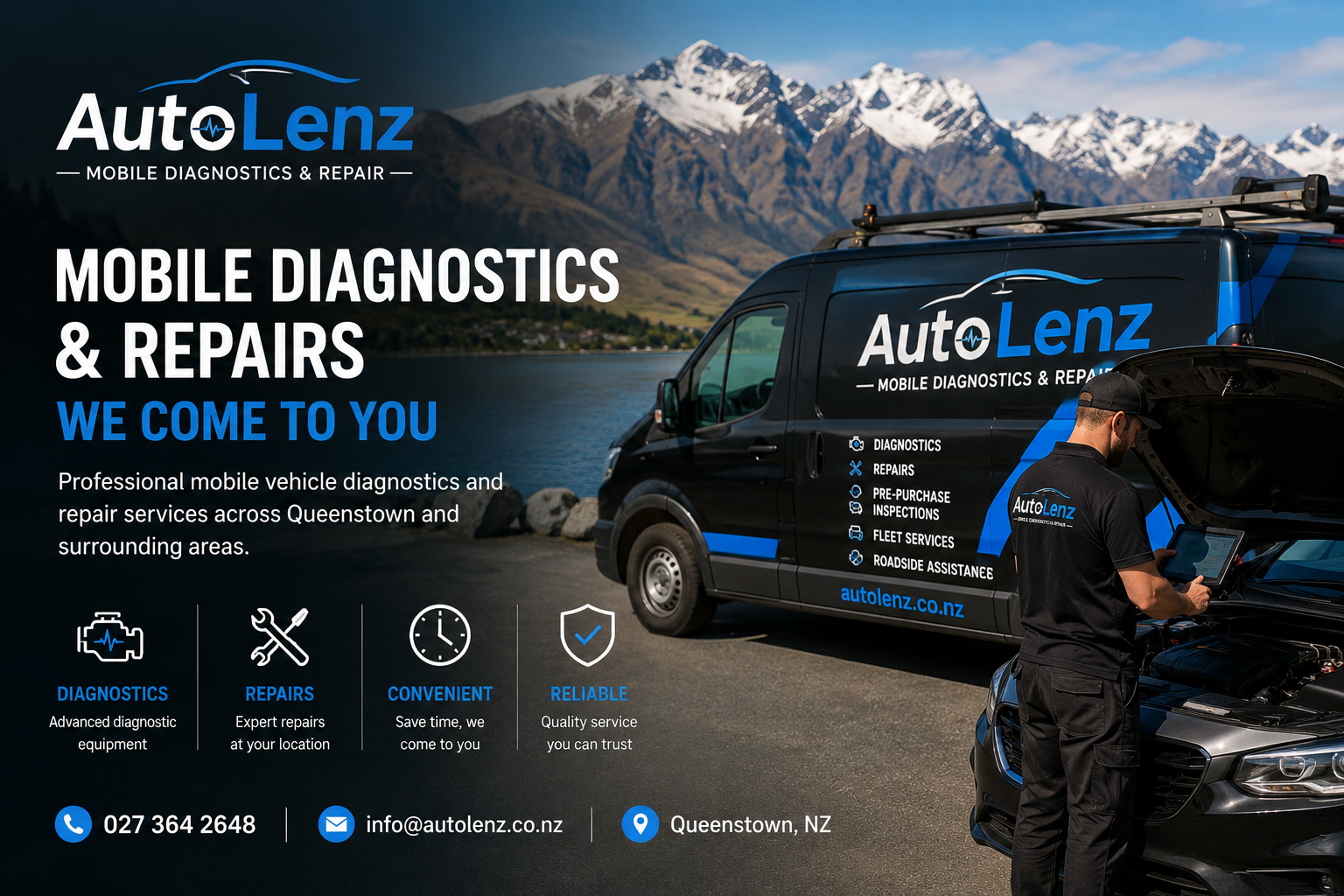 A promotional image for Auto Lenz mobile diagnostics and repair services featuring a service van parked beside a lake with snow-capped mountains in the background. A technician is working on a car with the hood open while using a tablet. The ad highlights services such as diagnostics, repairs, inspections, fleet services, and roadside assistance, with contact information including a phone number, email, and location in Queenstown, NZ.