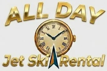Sign with gold text reading 'ALL DAY Jet Ski Rental' and a clock showing 10:10 with a jet ski graphic below the clock.
