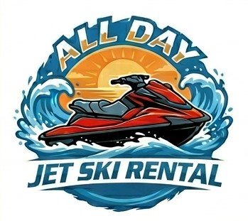 A logo with a red jet ski on water, a sunrise in the background, and the text 'All Day Jet Ski Rental'.