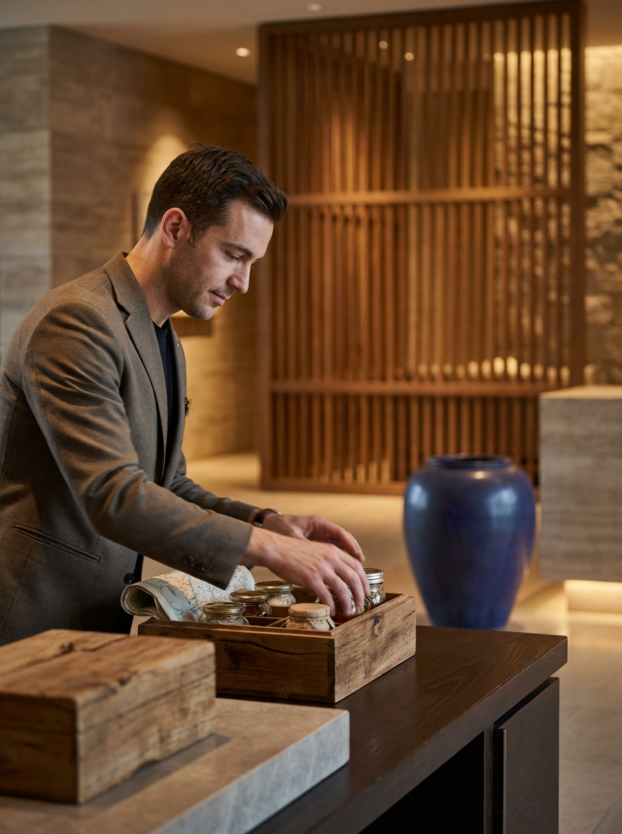 A man in a gray blazer looking at a wooden box of small jars on a table in a warmly lit room.