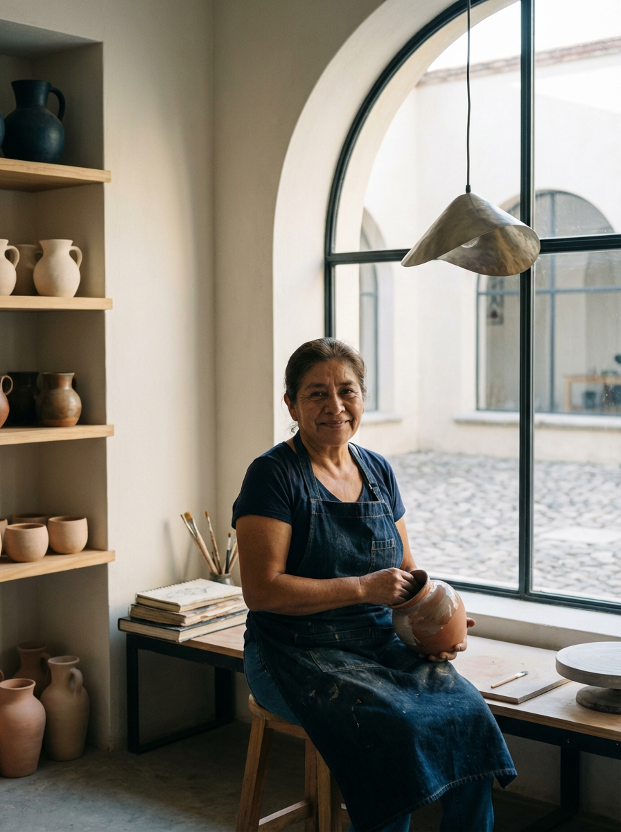 A woman sitting on a stool in a pottery studio, holding a glazed ceramic pot, with shelves of pottery and a large window behind her.