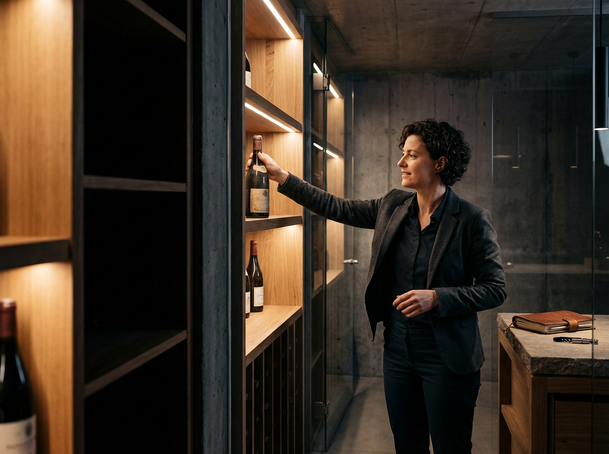 A woman in a black blazer and dark shirt is reaching for a wine bottle on a wooden shelf in a modern wine cellar with concrete walls.