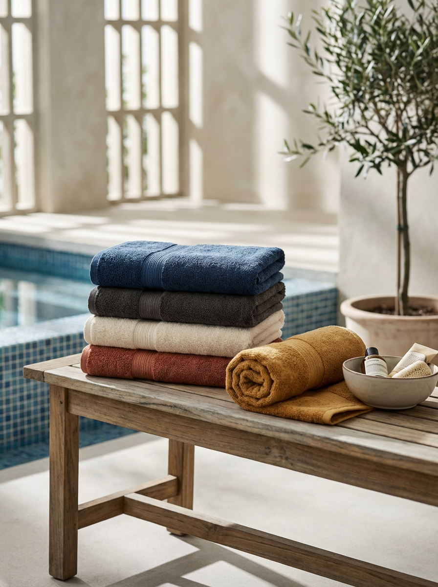 Stacked colorful towels on a wooden table near an indoor pool with potted plant in background.