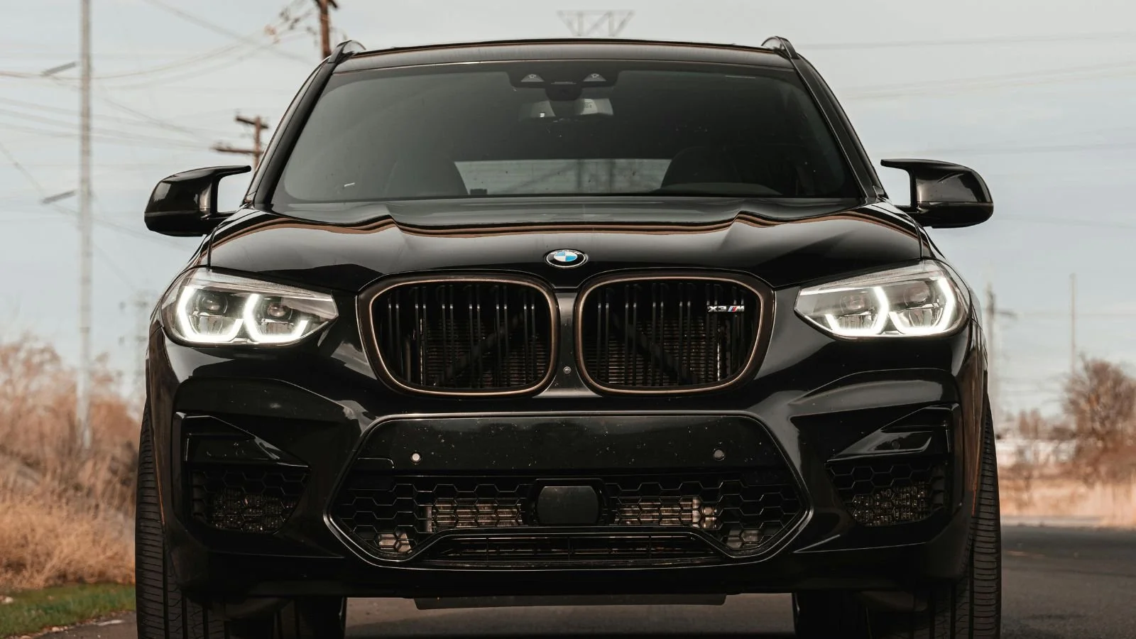 Front view of a black BMW X3 M with distinctive kidney grille and LED headlights on a road with power lines and trees in the background.
