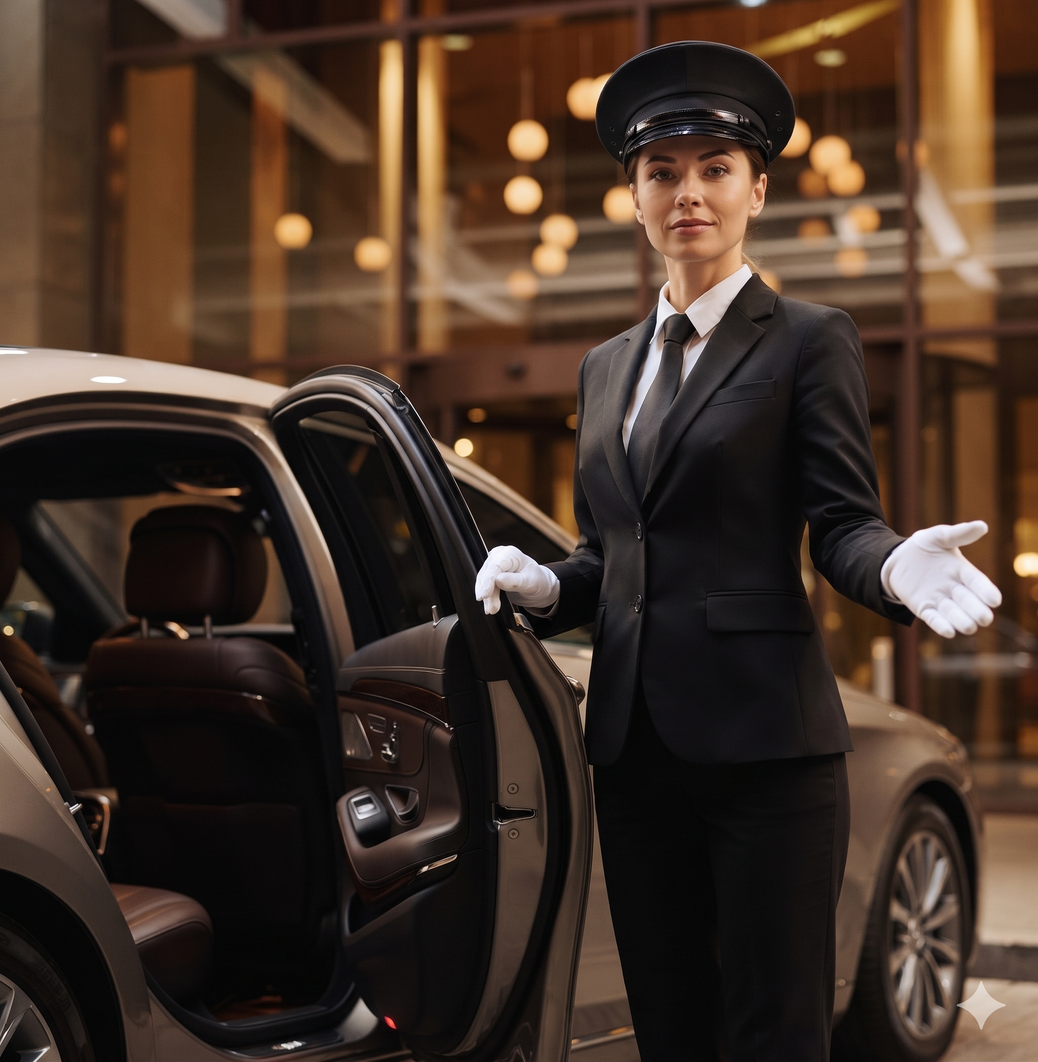 Bellhop in a hotel lobby standing next to a car, gesturing with his right hand, wearing a black suit, cap, and white gloves.