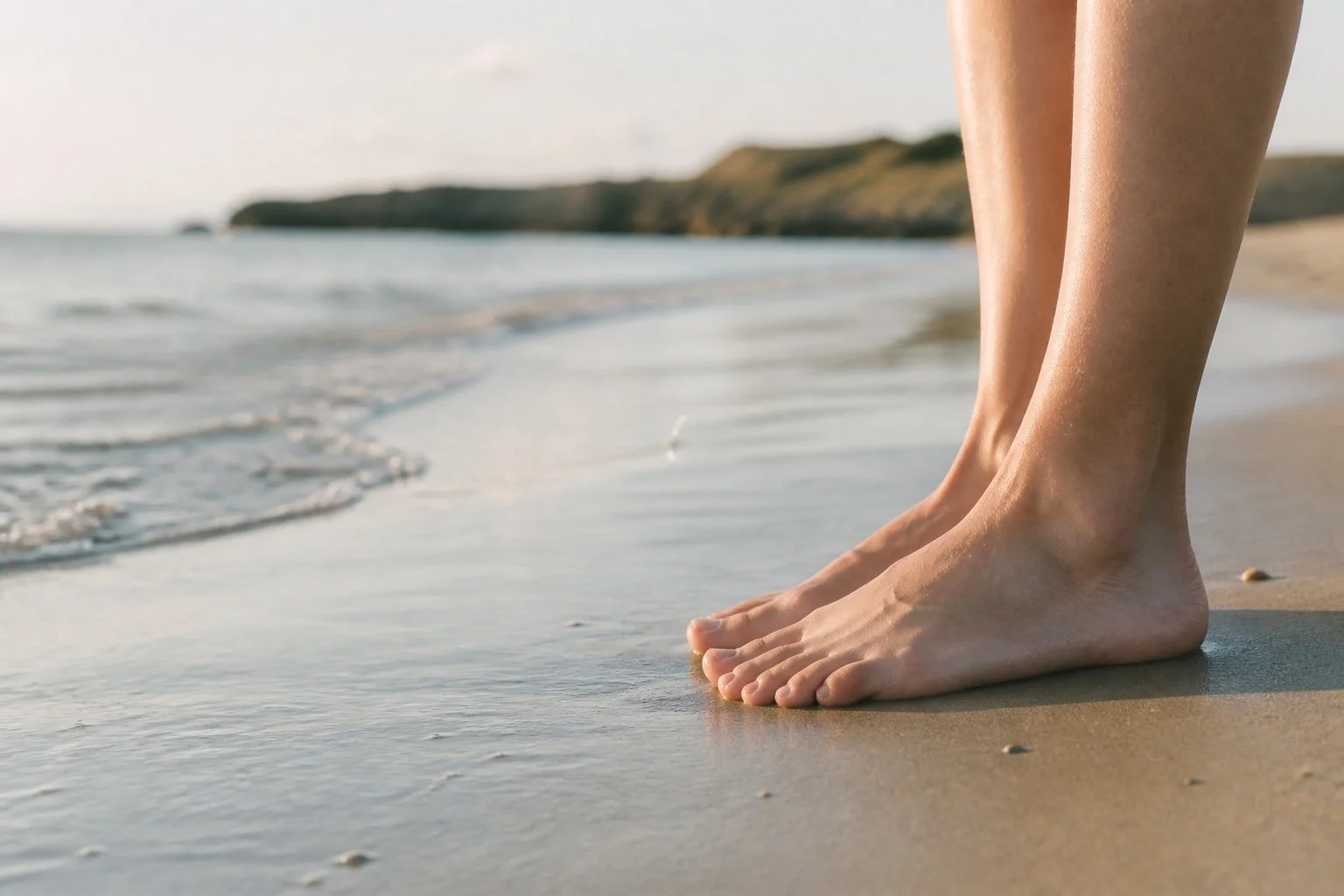 Close-up of person's bare feet on sandy beach with gentle waves and distant headlands in the background