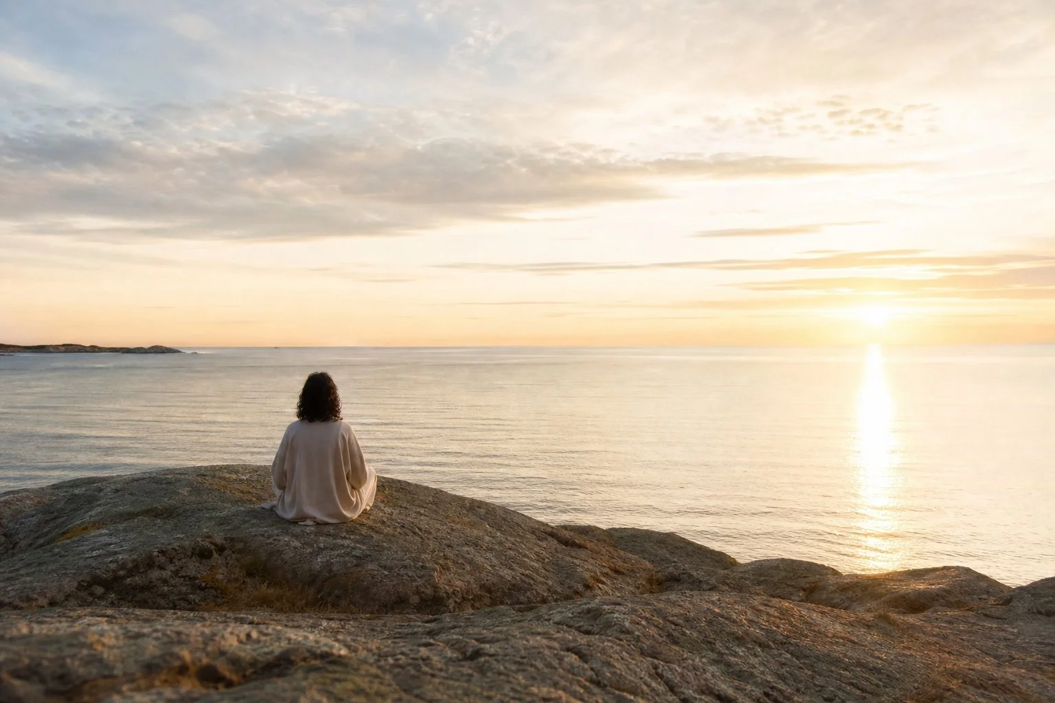 A person sitting on rocks by the sea during sunset, facing the water and sky with clouds.