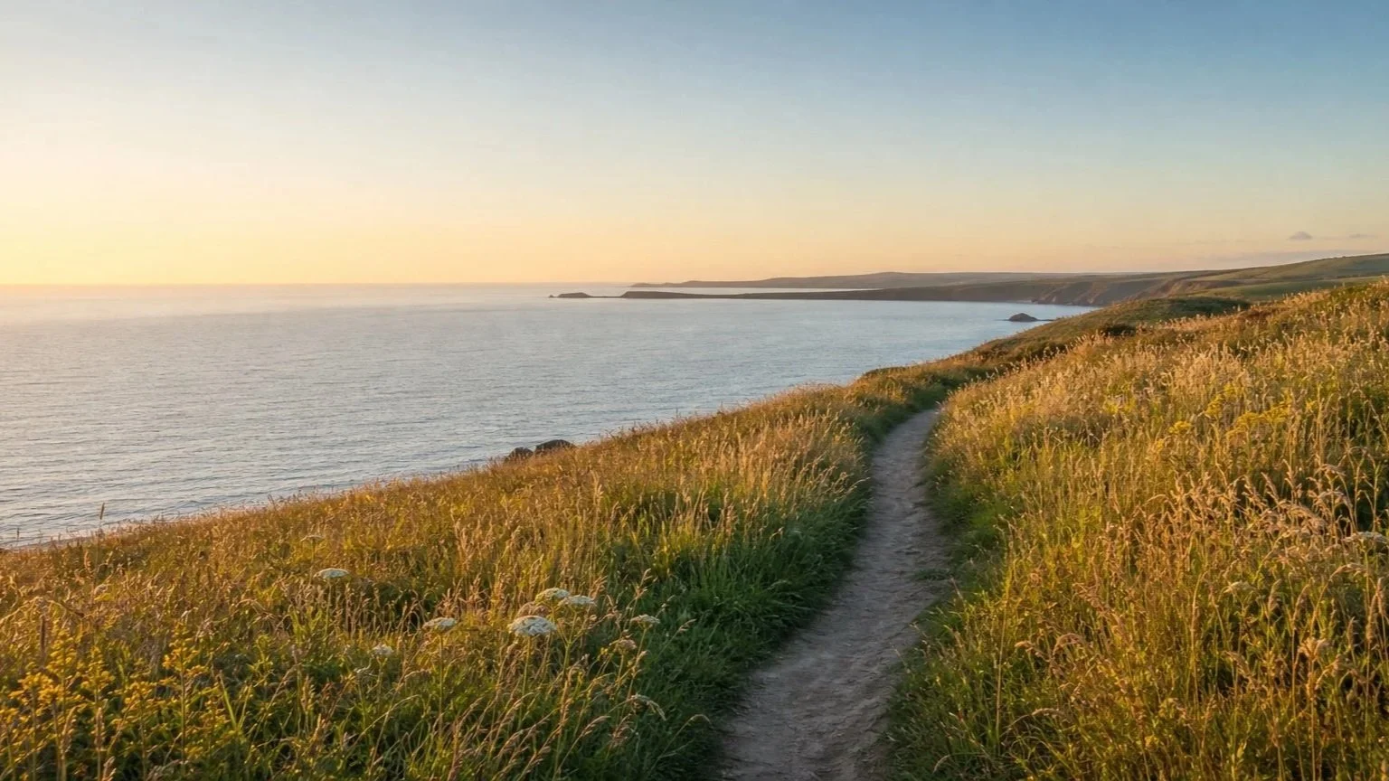 A dirt path running through tall grass along a coastline during sunset or sunrise with calm ocean waves and distant cliffs.