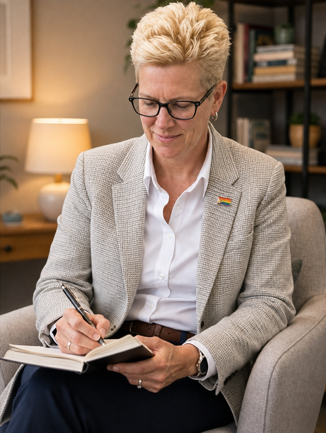 A woman with short blonde hair and glasses sitting on a beige armchair, writing in a notebook. She is wearing a light-colored checkered blazer with a pride flag pin, a white shirt, and a smartwatch. The background includes a lamp, bookshelf, and a potted plant.