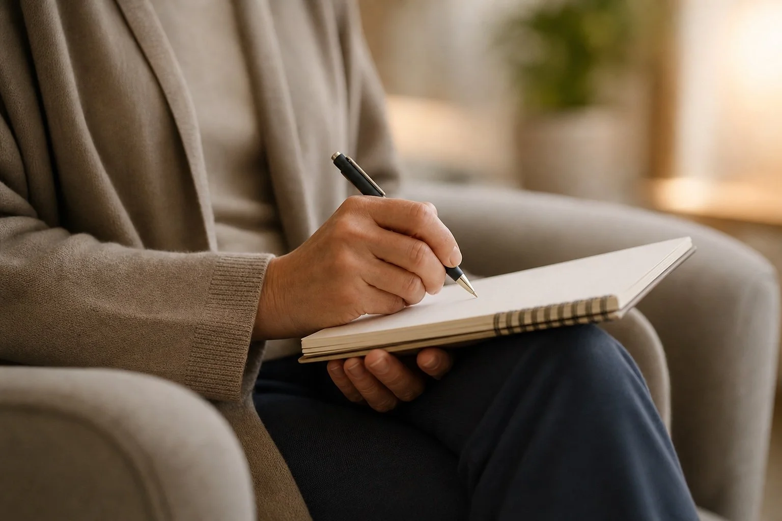 Person sitting on a beige armchair, writing in a notebook with a pen, inside a cozy room.