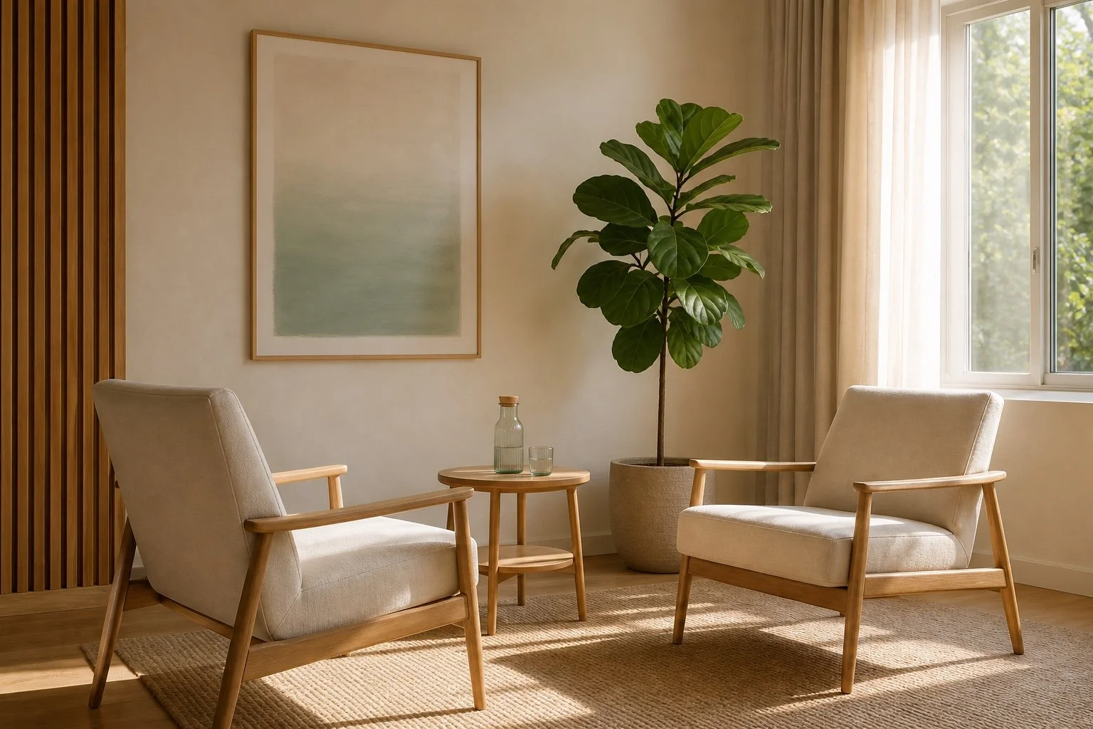 Living room with two beige armchairs with wooden armrests facing each other, a small round wooden side table with a glass bottle and a glass, a large potted plant with broad green leaves, a large abstract artwork on the wall, and a window with beige curtains letting in natural light.