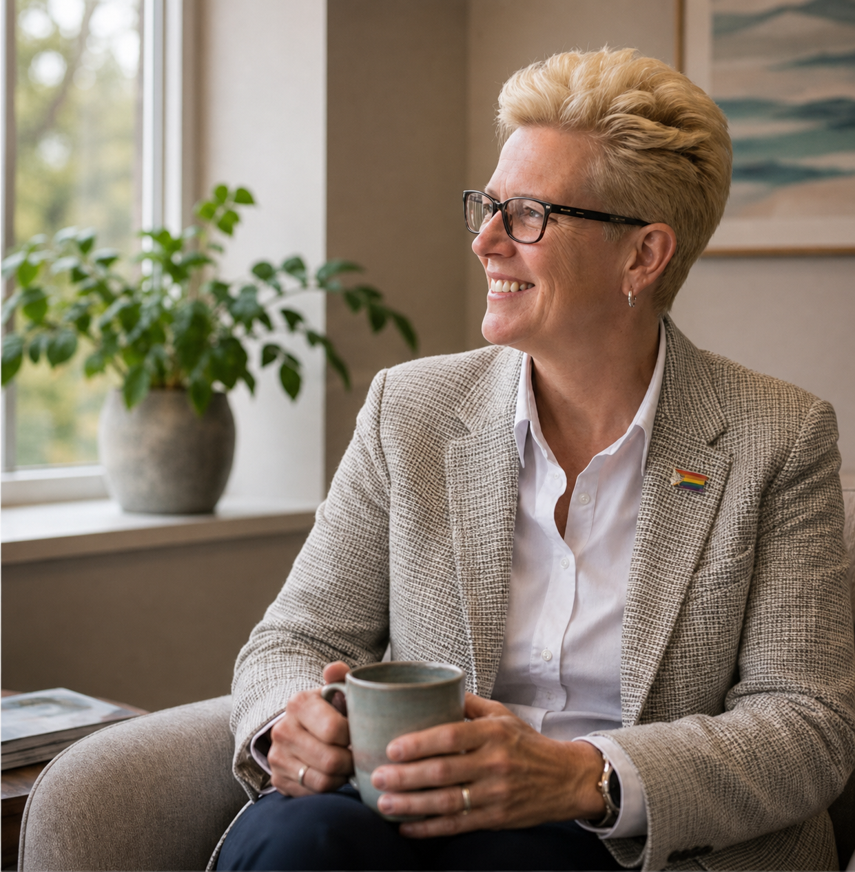 A smiling woman with glasses and a short blonde haircut, wearing a gray checked blazer, white shirt, and a rainbow pride lapel pin, sitting in a cozy room with a window and green plant, holding a coffee mug.