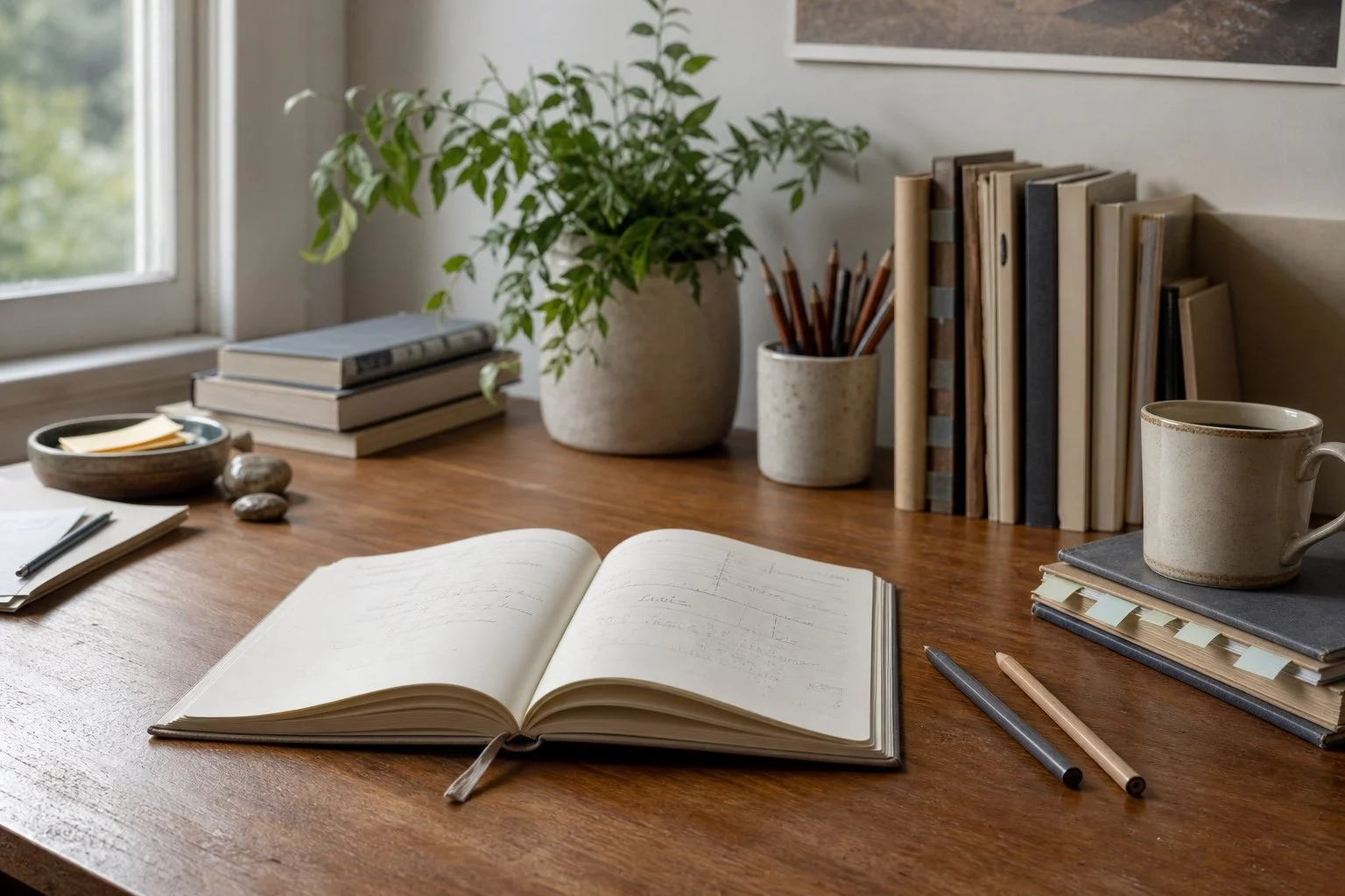 A wooden desk with an open notebook, stacked books, a ceramic mug, pens, and potted plants near a window.