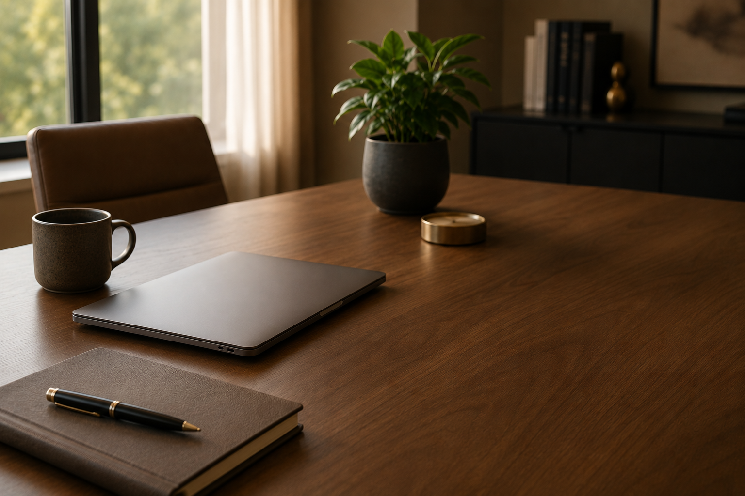 A wooden conference table with a closed laptop, a black notebook with a gold pen, a mug, a potted plant, a candle holder, in a bright room with large windows.