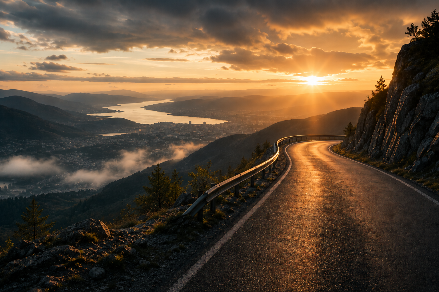 A winding mountain road at sunset with a guardrail, rocky cliff on the right, fog over a valley below, and a river in the distance under a partly cloudy sky.