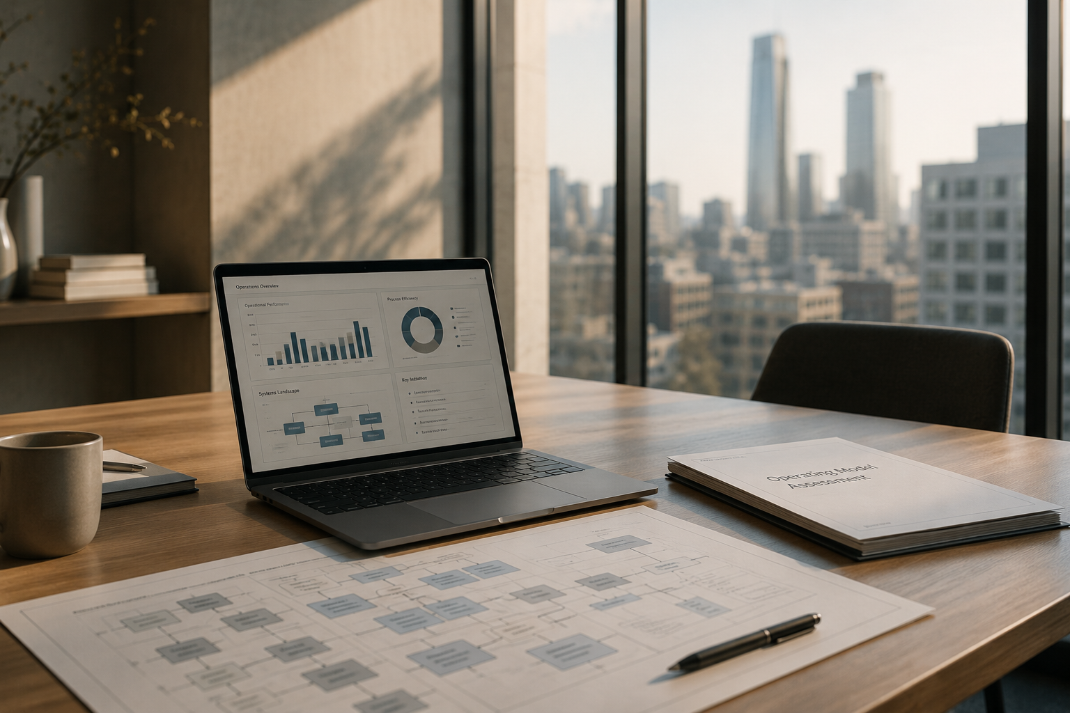 Office desk with a laptop displaying charts and graphs, a stack of documents, a sheet with a flowchart, a pen, a coffee mug, and a large window showing a cityscape with high-rise buildings.