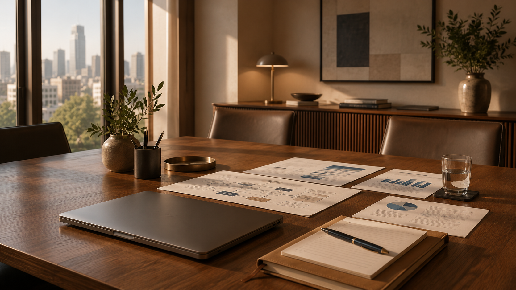 A modern conference room with a large wooden table holding various documents, a laptop, a notepad with pen, a glass of water, and decorative plants, with floor-to-ceiling windows showing a city skyline in the background.