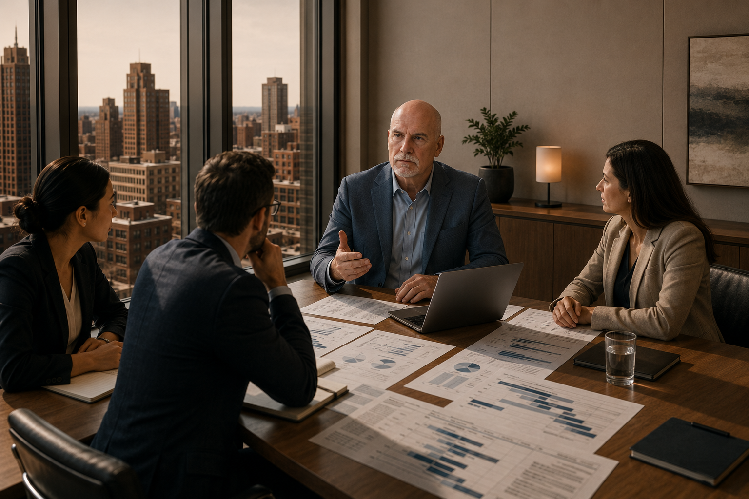 Business meeting with four professionals in an office, discussing data on documents, with cityscape view outside the window.