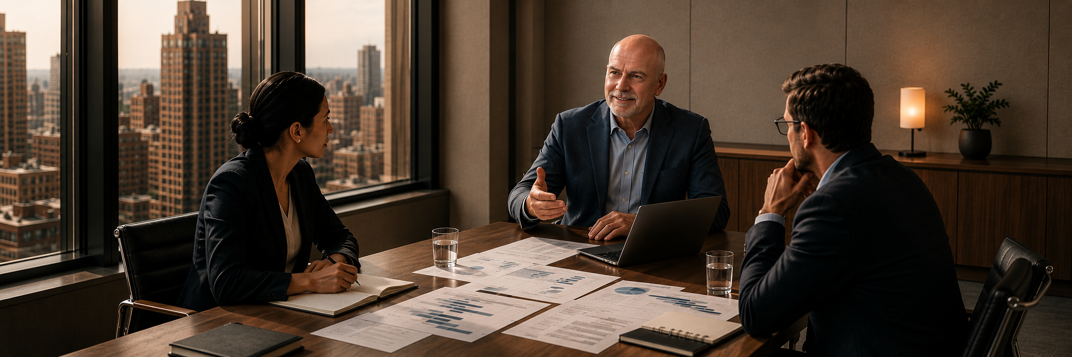 Three business professionals in a meeting room having a discussion, with city buildings visible through the large windows behind them.