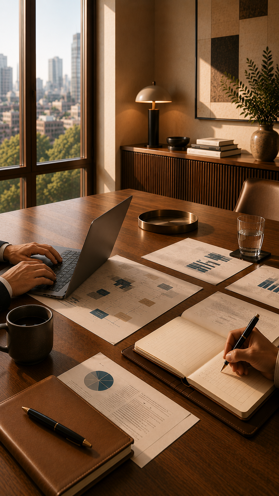 A modern office conference room with a wooden table, a laptop, documents, notebooks, a pen, a coffee cup, a glass of water, and a view of a city skyline through large windows.